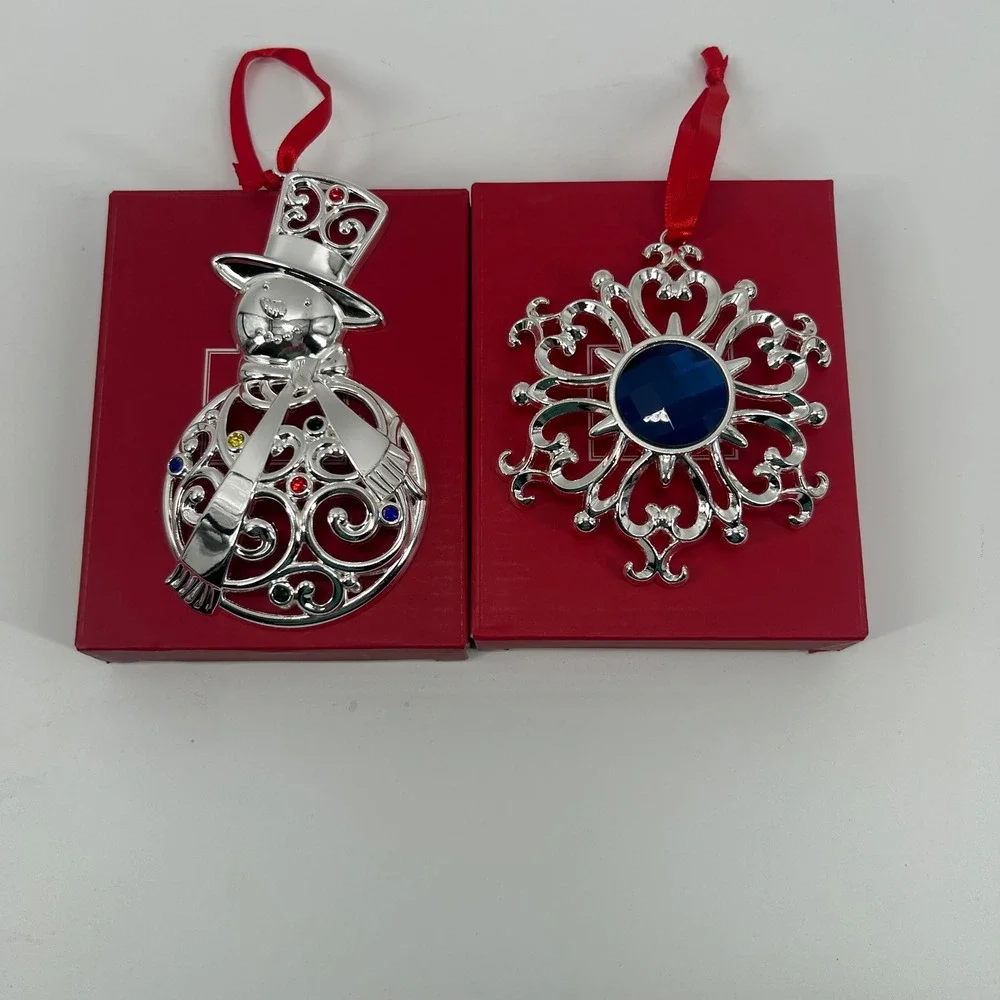 Lenox 2 Bejeweled Silver plated Christmas ornaments snowman‎ and snowflake